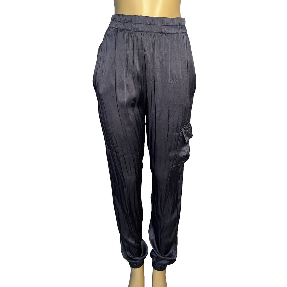 Tina Jo Pants Womens Small Slate Blue Satin Joggers Cargo Anthropologie NWT Flaw